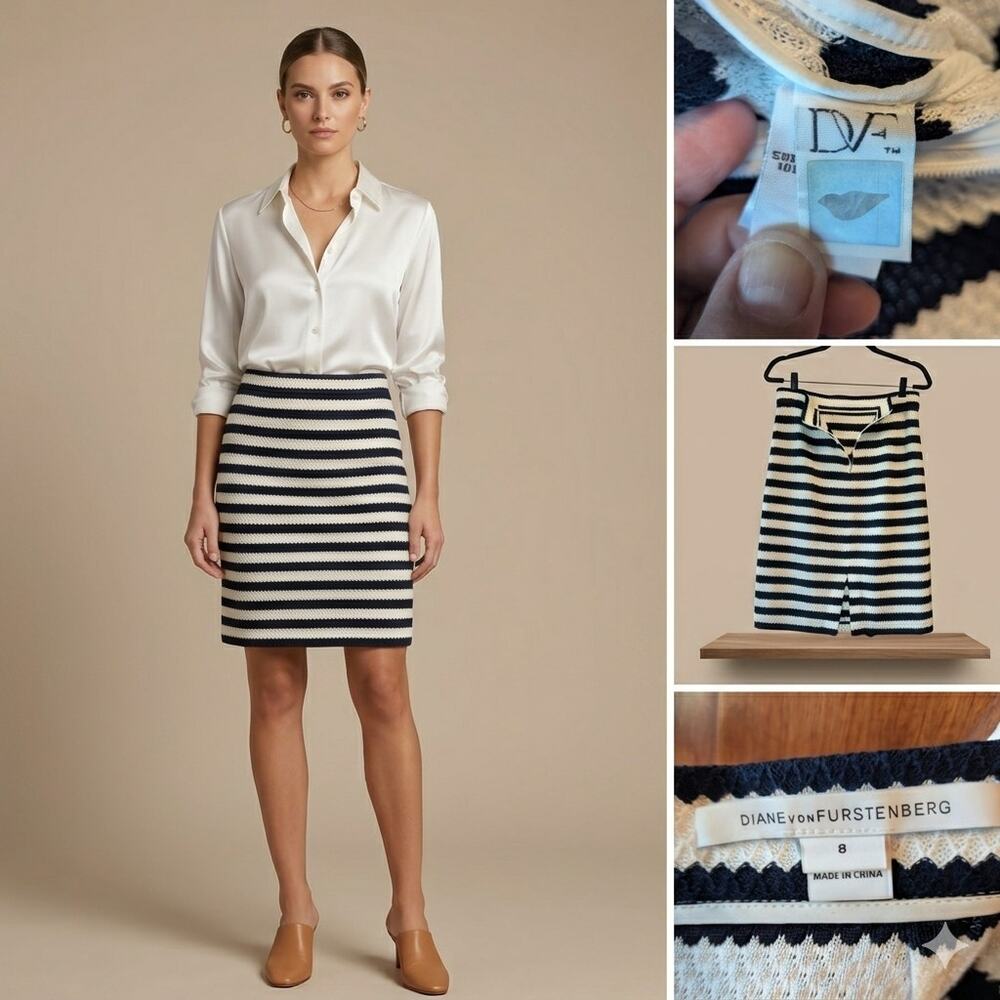 DVF Diane von Furstenberg Walda Striped Knit Cotton Pencil Skirt - Size 8